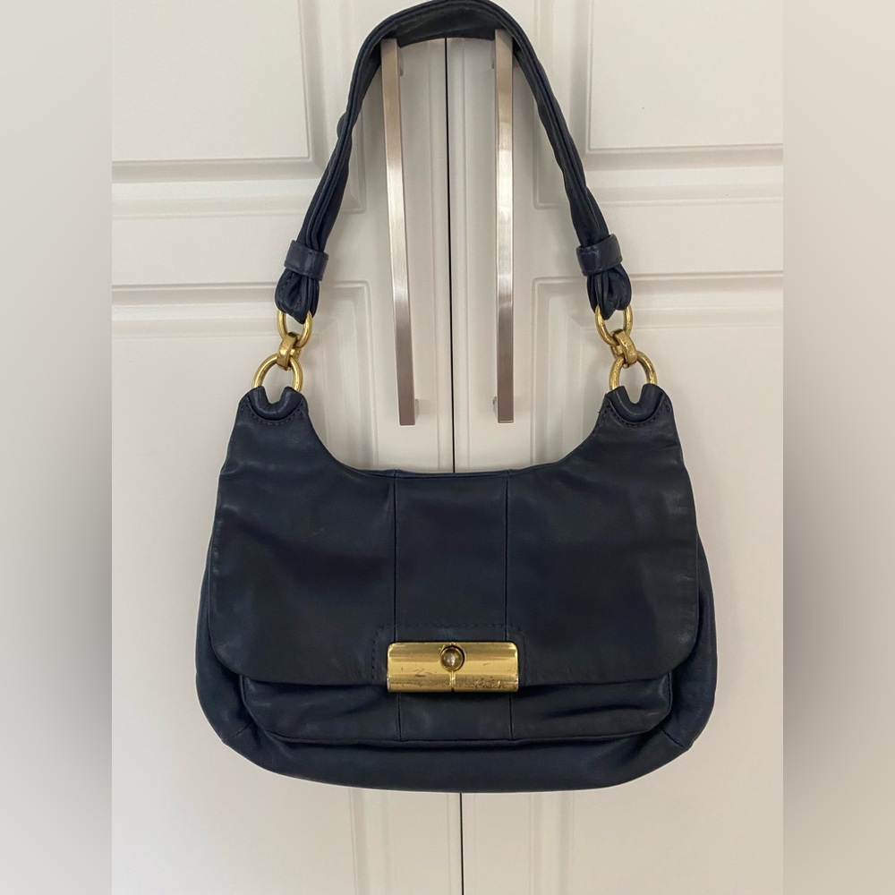 Coach Kristen Navy Leather Shoulder Bag with Gold-Tone Hardware